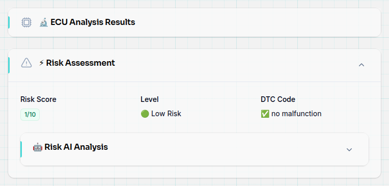 TunerStack ECU analizinde düşük risk puanı ve hata kodu sonuçlarını gösteren ekran.